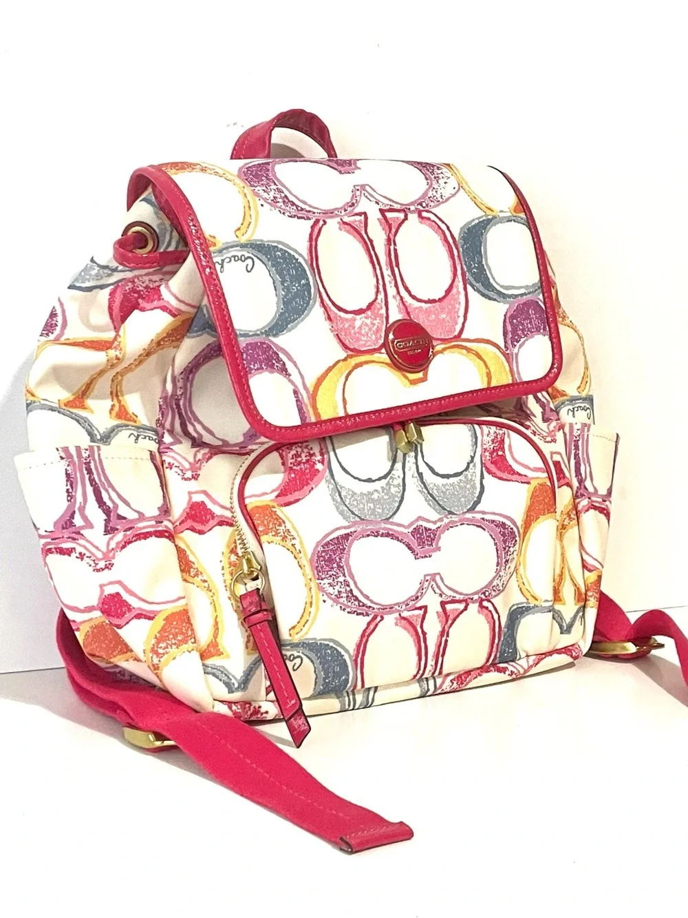 COACH F21962 Backpack Signature Canvas Multi Color Pink Enamel Clean